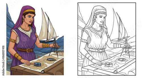 Ancient Woman Navigator Drawing Nautical Map With Compass Historical Science Illustration