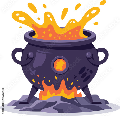 A dark purple cauldron with bright orange liquid bubbling and splashing over a crackling fire