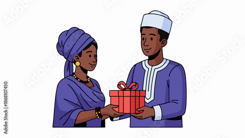 A smiling man in a traditional cap and robe presents a gift to a woman wearing a headscarf and jewelry