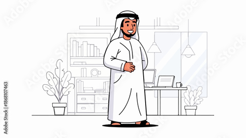 A smiling man in traditional attire stands in a modern office with plants and bookshelves