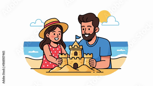 A smiling man and girl build a sandcastle on a sunny beach, with the ocean and clouds in the background