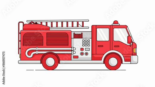 A simple, red fire truck with a ladder, hose, and siren is depicted in a side profile