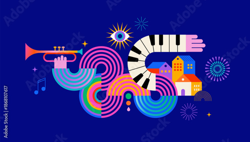 Colorful carnival and music festival poster and banner with abstract musical instruments