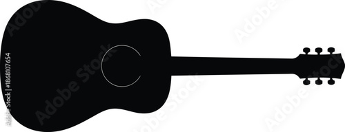 A minimalist black silhouette of an acoustic guitar is clearly visible on a pure white background