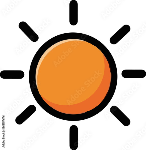 A simplified, stylized graphic of a bright orange sun with radiating black rays