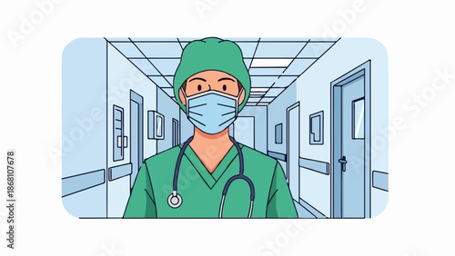 A person in green scrubs and a surgical cap wears a mask with a stethoscope