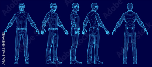 Stylized blueprint of a determined African male in a suit and tie, wearing glasses with slicked-back hair. He stands with arms outstretched in a powerful pose against a blue background.