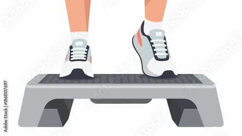 A person in athletic shoes stands on a step-aerobics platform, ready to exercise