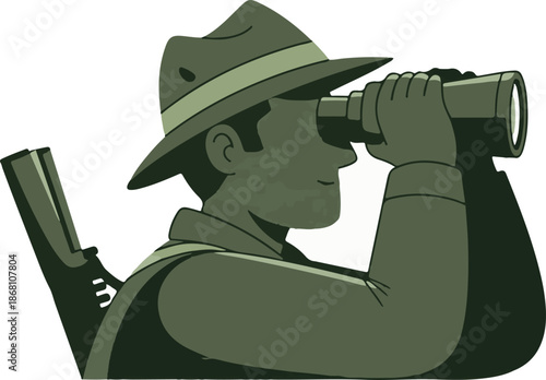 A person in a hat and jacket looks through binoculars, with a rifle slung over their shoulder