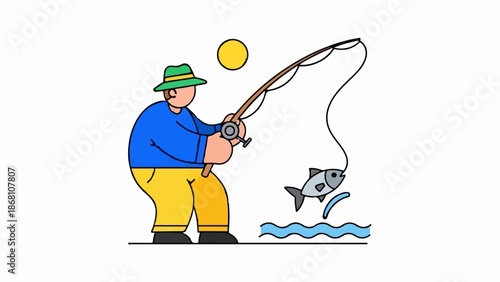 A person in a hat fishes for a jumping fish in the water under a sun