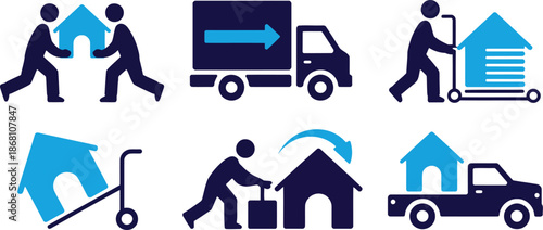 A set of icons representing home relocation services including people moving a house and a moving truck