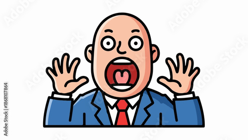 A shocked bald man in a suit with a red tie, hands raised in surprise