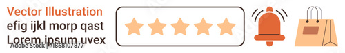 E-commerce, customer feedback, notifications, shopping services, online ratings, digital alerts. Five-star rating next to a bell and shopping bag. E-commerce and customer feedback