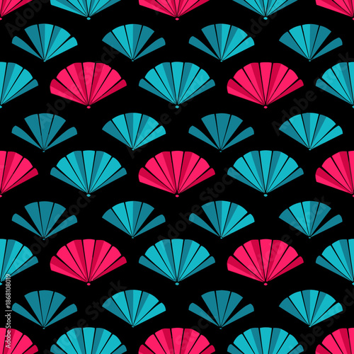 Seamless pattern of colorful folding fans in turquoise and magenta on a black background, vector illustration