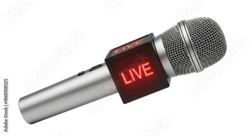 Silver microphone with red live screen cutout isolated on transparent bg, png
