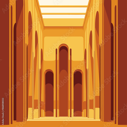 Abstract illustration of a grand, sunlit corridor with arched doorways and geometric shadows, evoking a sense of mystery and grandeur.