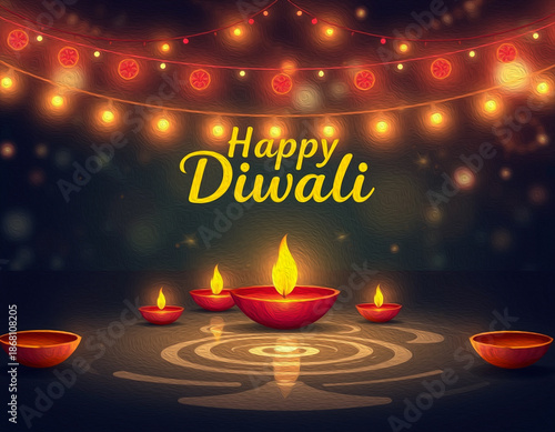Happy Diwali illustration. Pattern for banners, covers, greeting cards, for printing on wall decorations.