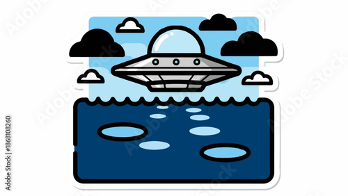 A silver flying saucer hovers above a dark blue body of water with light blue oval shapes scattered across it, under a sky with clouds