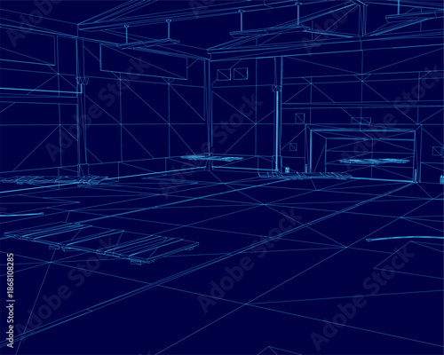 A wireframe blueprint of a warehouse interior, featuring detailed layouts for walls, floors, and numerous storage containers.
