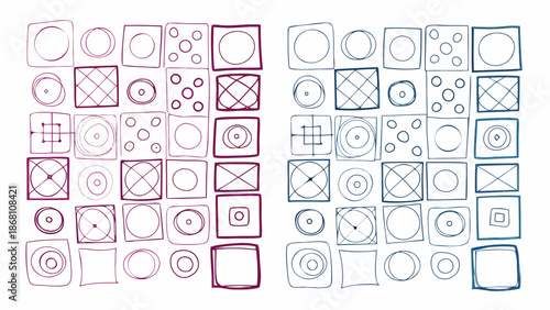 Hand drawn geometric shapes in red and blue for design inspiration