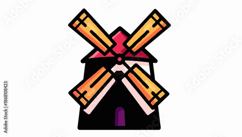 A simple, cartoon-style windmill with black body, red roof, and orange sails