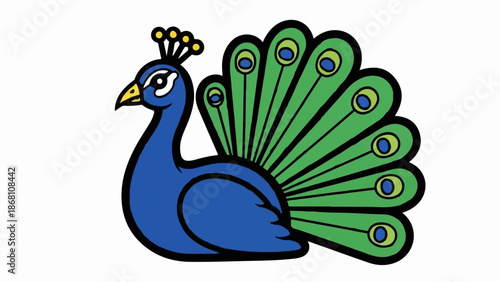 A simple blue and green peacock with a crown of yellow dots and a fan of tail feathers