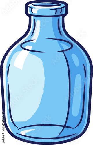 A simple, stylized drawing of a clear, blue glass bottle with a thick neck