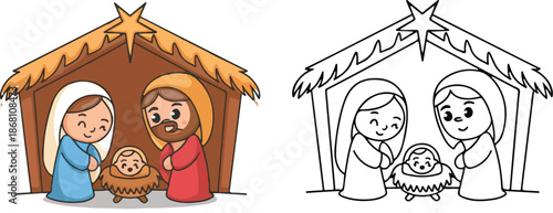 Simple nativity scene coloring page for children, featuring Mary, Joseph, and baby Jesus.
