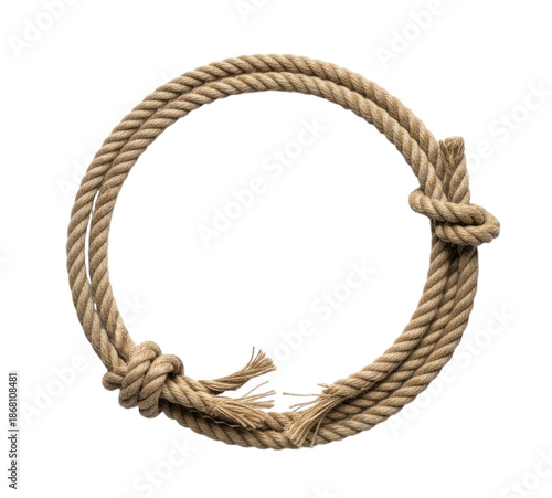 Rope circle with knots, nautical rope frame, isolated on white background, cutout isolated on transparent bg, png