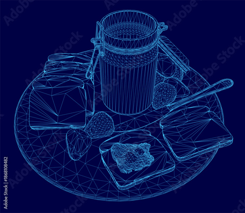 A 3D wireframe model of a plate with strawberry jam and a spoon, ideal for toast or breakfast concepts. The clean blue background highlights the geometric design.