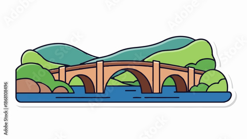 A simple, colorful illustration of a multi-arch stone bridge spanning a blue river with green hills