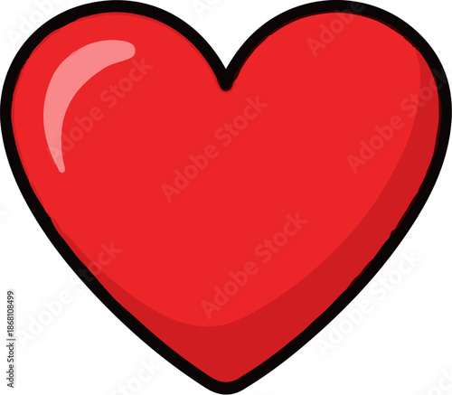 A simple, bold red heart with a shiny highlight and a thick black outline