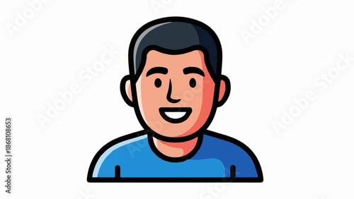 A simple cartoon avatar of a smiling young man with dark hair and a blue shirt