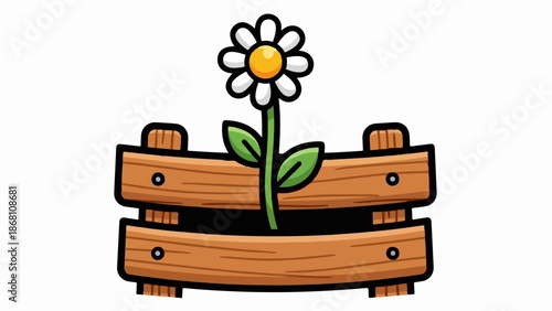A simple cartoon daisy grows in a wooden planter box