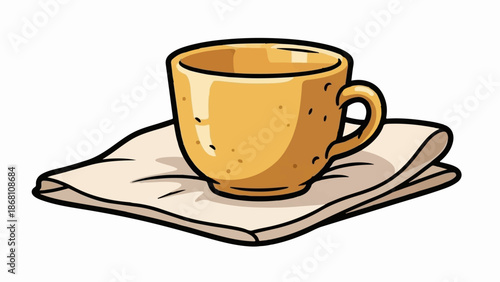 A simple cartoon cup with handle rests on a folded napkin, both outlined in black