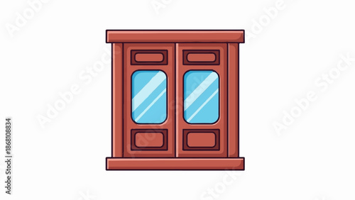 A quaint, brown wooden double door with two clear, reflective glass panes in each