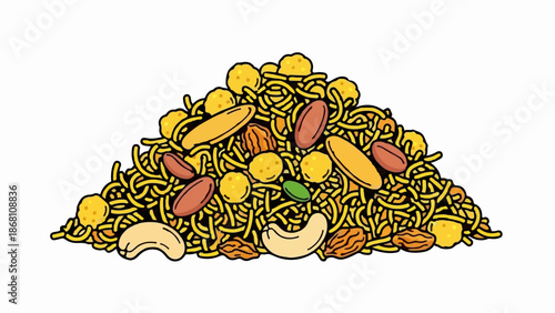 A pile of mixed savory snacks with nuts, fried noodles, and crispy bits