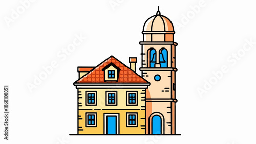 A quaint, cartoonish building featuring a pitched roof and a tall bell tower