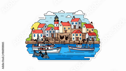 A quaint harbor town with colorful houses, a lighthouse, and fishing boats