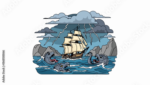 A sailing ship navigates a stormy sea with lightning and sea monsters