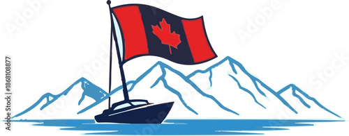 A sailboat with a national flag sails past snowy mountains