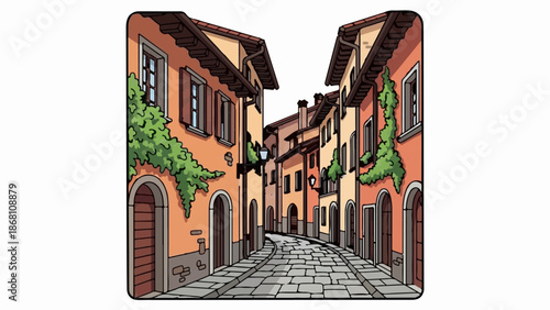 A quaint, cobblestone street winds between colorful, old-world buildings