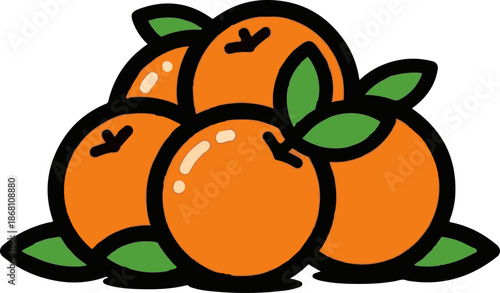 A pile of five stylized oranges with green leaves, outlined in thick black