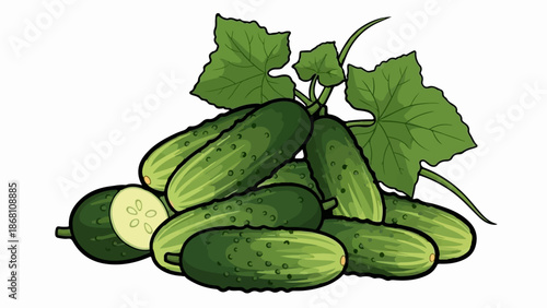 A pile of green cucumbers with leaves and vines, one cut