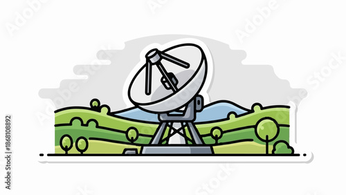 A satellite dish stands in a green, rolling landscape under a cloudy sky