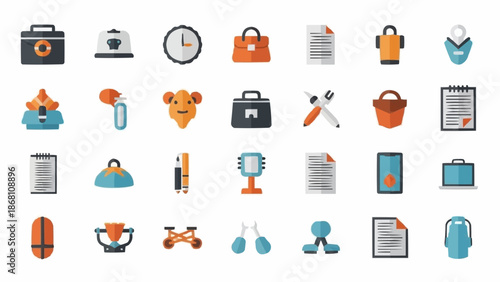 Collection of diverse office and business-related icons in a flat design style.