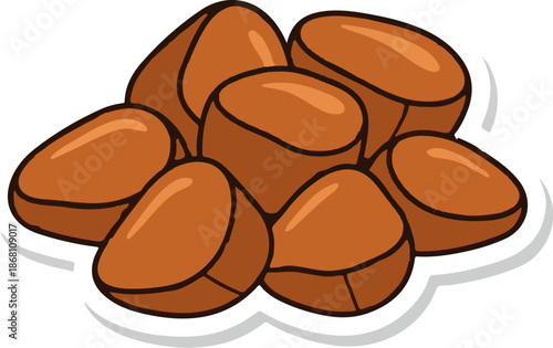 A pile of brown, smooth, bean-shaped objects with a dark outline on a white background