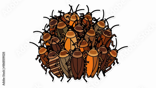 A pile of cartoon cockroaches with dark outlines and varied brown and orange colors