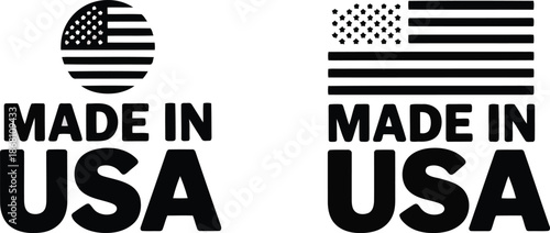 Two distinct black and white Made in USA labels showcase American pride and product origin
