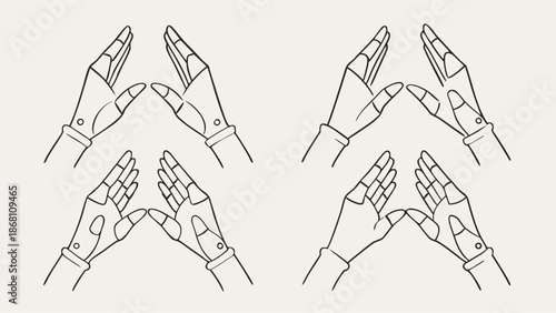 Robotic hands in various positions on beige background